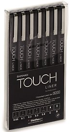 Ручки капиллярные  TOUCH Liner, черный, 7 штук (0.05/0.1/0.3/0.5/0.8, долото, кисть)