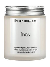 Свеча ароматическая Ines (Пряные травы,Цитрусовые,Жасмин,Зеленый чай,Пудра,Сандал,Мускус) (110мл) (flame-MC015)