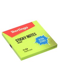 Блок бумаги 75*75 самоклеящийся зеленый неон 80 листов, "Ultra Sticky", Berlingo