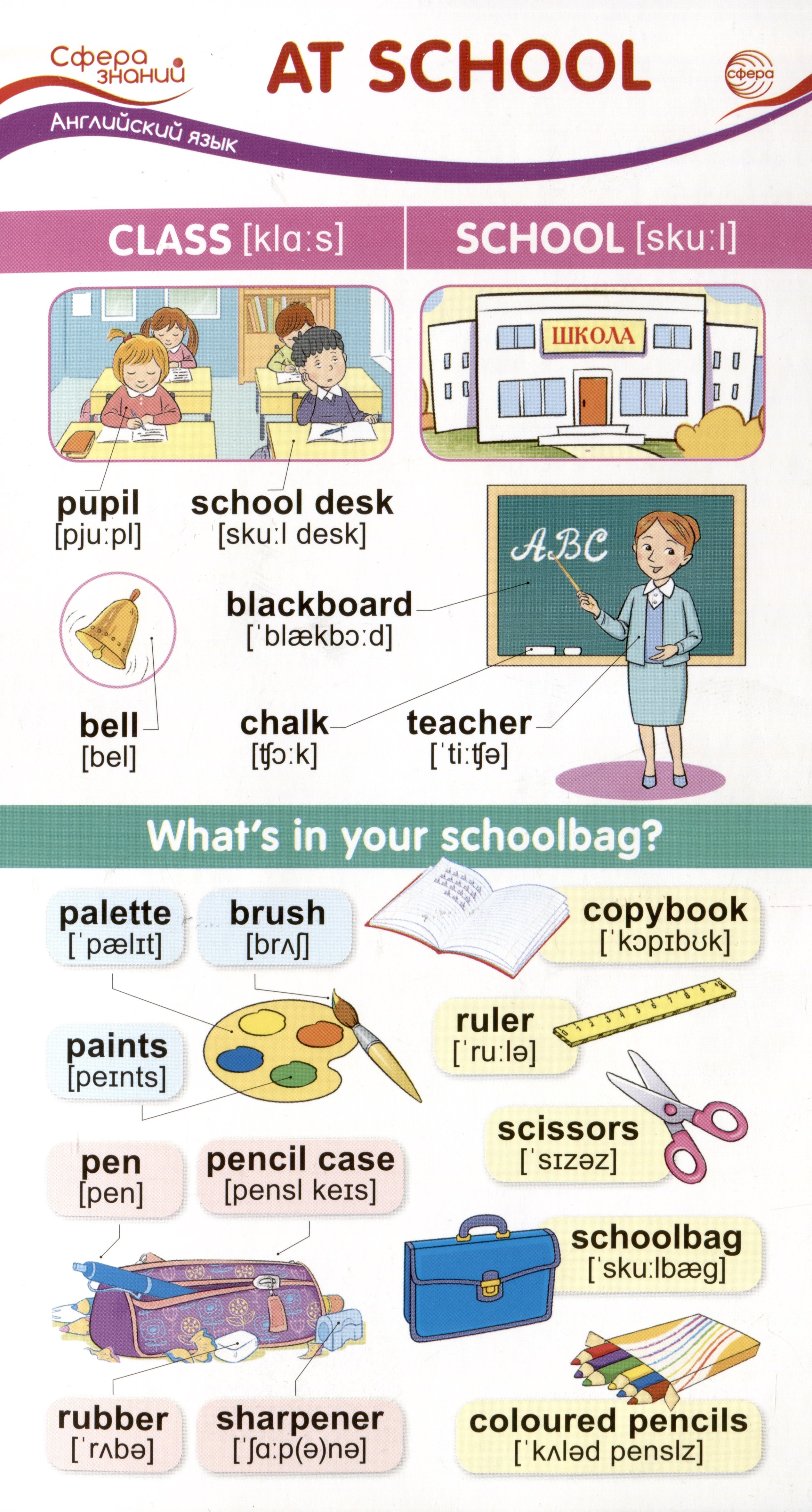 

Карточка-шпаргалка. At School (В школе) (110х205 мм)
