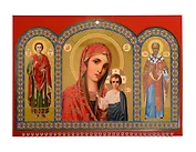 Календарь квартальный 2026г 320*760 «Иконы Пресвятой Богородицы Казанской, св. вмч. и целителя Пантелеимона, свт. Николая Чудотворца» настенный, трёхблочный, спираль, тиснение фольгой