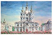 Открытка 10*15см тушь СПб Смольный собор О/010/009