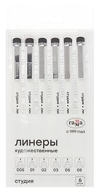 Линеры черные 06шт "Студия"  0,05/0,1/0,2/0,3/0,5/0,8мм. Гамма