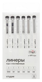 Линеры черные 06шт "Студия"  0,05/0,1/0,2/0,3/0,5/0,8мм. Гамма