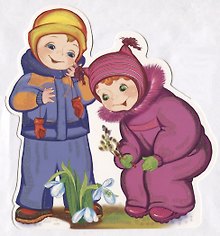 Плакат Дети собирают подснежники