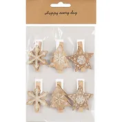 Прищепки Новогодние (снежинка, елочка,звездочка), 6 шт, 3,5 х 5 см( дерево)