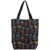 Сумка-шоппер на молнии Совы в очках на черном фоне, 38*35см (текстиль, флис)