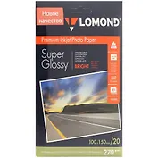 Бумага фото д/струйных принтеров LOMOND A6 (100*150) 270г/м2 (20л) суперглянцевая