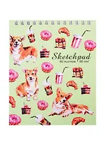 Скетчбук А6 60л "Корги и сладости" белый офсет, 80г/м2, тв.обложка, гребень