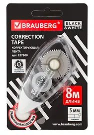 Корректор лента 5мм*8м "BLACK&WHITE" черный тонир., механизм перемотки, блистер, BRAUBERG