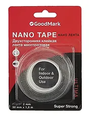 Лента клейкая 30мм*1,5м "Nano tape" двусторонняя, GoodMark