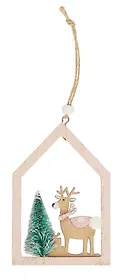 Новогоднее подвесное украшение Олень с елкой в домике (12х8см) (дерево) (12-06942-NY-4)