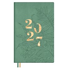Еженедельник дат. 2027г. А6+ 96л 125*189 "Лен" зеленый, кожзам, мягк.переплет, блинт.тиснение, тисн. фольгой, офсет, справ.мат-лы, 2 ляссе, инд.уп