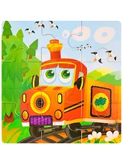 Деревянная пазл-рамка (14,5х14см) "ПАРОВОЗ" (9 элементов) (окраш.рамка) Арт.AN02637