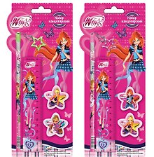 Набор канцелярский (карандаш ч/гр,лин.15см,2 ластика) блист., Winx