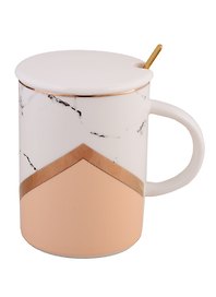 Кружка с крышкой и ложкой Мрамор (розовая с золотом) (керамика) (450 мл) (sj1304-23-2)