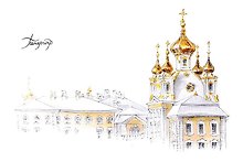 Открытка 10*15см тушь Большой дворец, Петергоф