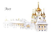 Открытка 10*15см тушь Большой дворец, Петергоф