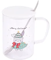 Кружка с крышкой и ложкой Новогодний зайчик (стекло) (420 мл)