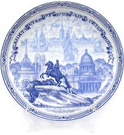 Сувенир, Акм, Тарелка, Медный всадник, 20 см, под гжель, подставка, в коробке