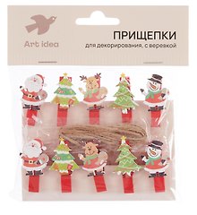 Прищепки декоративные с веревкой Новогодние 10шт (ПР-НГ-3)