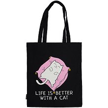 Сумка-шоппер Life is better with a cat черная, текстиль 40см.*32см.