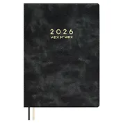 Еженедельник дат. 2026г. А5 80л "Тиволи делавэ" черный, кожзам, мягк.переплет, блинт.тиснение, офсет, тисн.фольгой, 2 ляссе, инд.уп