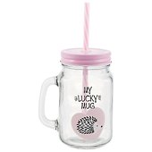 Банка с ручкой и крышкой для коктейлей Ежик My lucky mug (стекло) (450 мл) - 0