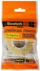 Лента клейкая прозрачная, 15 мм х 33 м, Scotch 3M