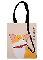 Сумка-шоппер Корги с поводком, бежевая, текстиль 40см.*32см.