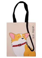 Сумка-шоппер Корги с поводком, бежевая, текстиль 40см.*32см.