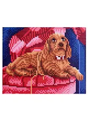 Алмазная мозаика "Рыжий щеночек на розовом стуле", 17х22