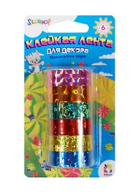Клейкая лента д/декора Hobby Блеск (481026) (470-0263) (12ммх3м) (6 дизайн.) (роз/оранж/зелен/красн/желт/син) (на РР-основе) (3+) (блистер)