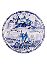 Тарелка декоративная синий рисунок Псков,Печоры,Изборск (10см) (фарфор) (Псков) (10-7-25)