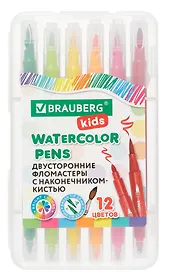 Фломастеры 12цв "Kids" кисточки, 2х сторон., пластик.пенал, BRAUBERG