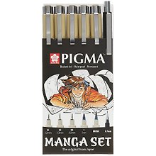 Ручки капиллярные черные 06шт "Pigma Micron Manga" ручки 0.1мм, 0.3мм, 0.5мм, кисть Pigma Graphic, мех.карандаш 0,7мм