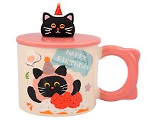 Кружка с крышкой Котик Happy Birthday (розовая) (керамика) (400мл) (12-34466-GD8007)