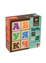 Деревянные кубики Буквы (01614) (9шт) (с закругл. углами и краями) (разноцв. буквы по неокр. дереву) (3+) (коробка)