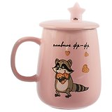 Кружка с крышкой и ложкой Енотик с печенькой Главное фр-фр, керамика, 400мл, в ассортименте