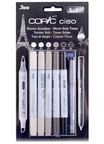 Набор маркеров Copic Ciao серые теплые оттенки 5цв + мультилинер 0.3мм 