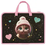 Папка для тетрадей А4 "Котенок в шапочке" 34*24,5*3,5см, пластик, молния, текст.ручки