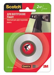 Клейкая лента монтажная, Scotch/Скотч, 19мм*1,5м, двусторонняя, на вспененной основе