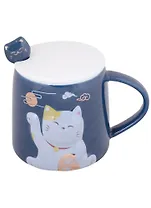 Кружка с крышкой и ложкой Котик Манэки-нэко (керамика) (350мл)