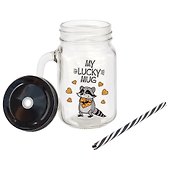 Банка с ручкой и крышкой для коктейлей Енот с печенькой My lucky mug (стекло) (450 мл) - 1