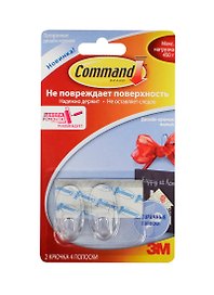 Крючок клейкий легкоудаляемый прозрачный малый, Command 3M, 2 штуки