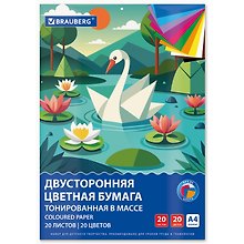 Цветная бумага А4 20 цветов, 20 листов, тонированная, склейка, BRAUBERG