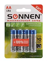 Батарейки КОМПЛЕКТ 4 шт., SONNEN Super Alkaline, АА (LR6,15А), алкалиновые, пальчиковые, блистер, 451094