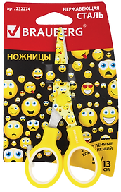 Ножницы «Kid Series Смайлики» Brauberg, 130 мм, жёлто-белые, с закругленными лезвиями