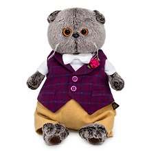 Мягкая игрушка Басик в бордовом жилете с розочкой (19 см)