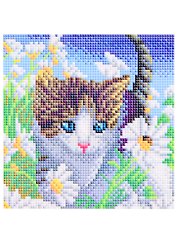 Алмазная мозаика Котенок в ромашках (AS20016) (20х20см) (c подр.) (с полн. заполн.) (блест.) (29цв.) (Рыжий Кот) (6+) (коробка)